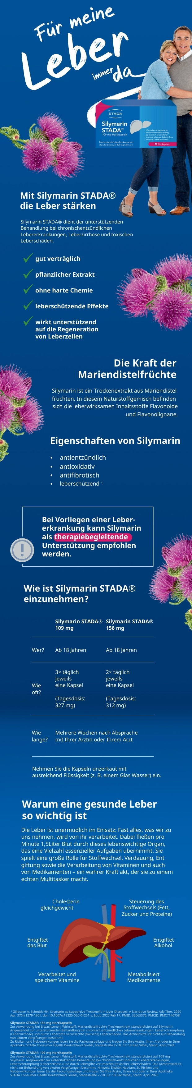 Infografik über Silymarin STADA. Informationen über die Mariendistel, Eigenschaften und Einnahme.